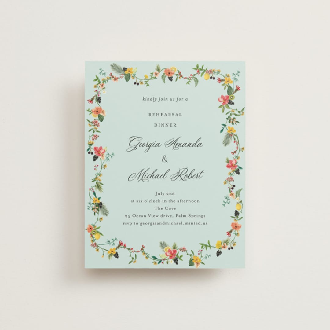 "Tropical Crest" - Rehearsal Dinner Cards in Papaya by Susan Moyal - Front