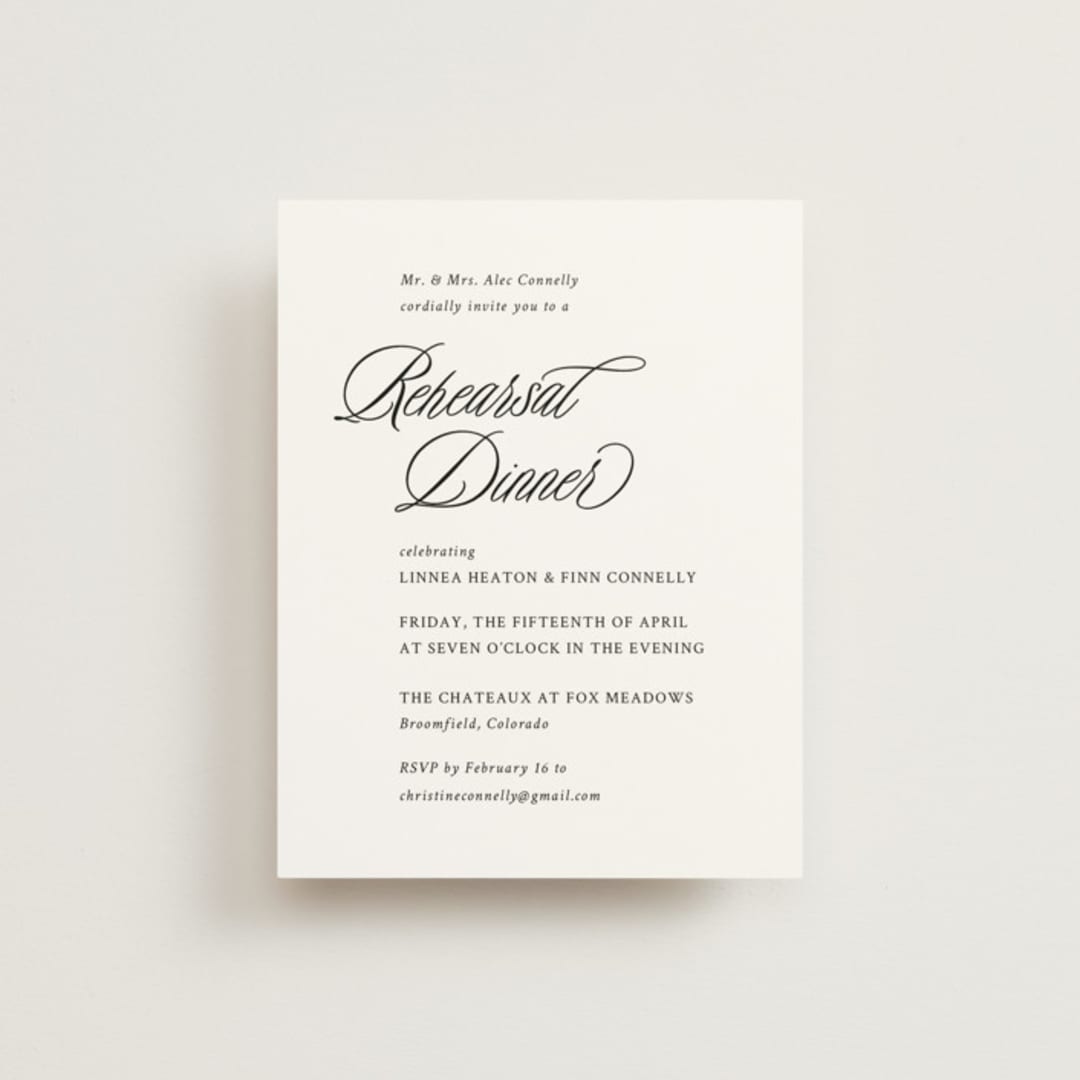 "Sophistique" - Rehearsal Dinner Cards in Linen by Cindy Reynolds - Front