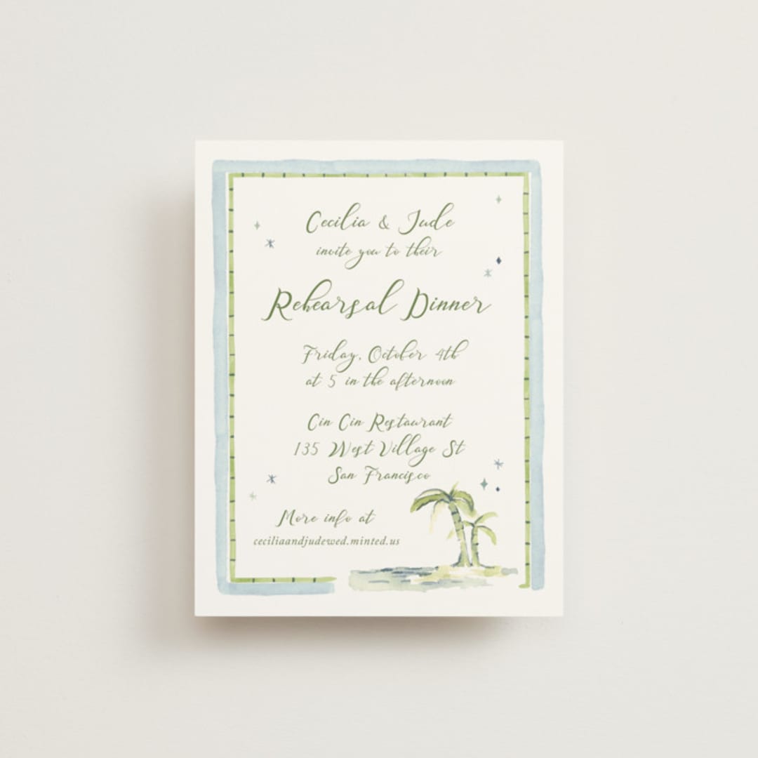 "Alento" - Rehearsal Dinner Cards in Celeste by Pati Cascino - Front