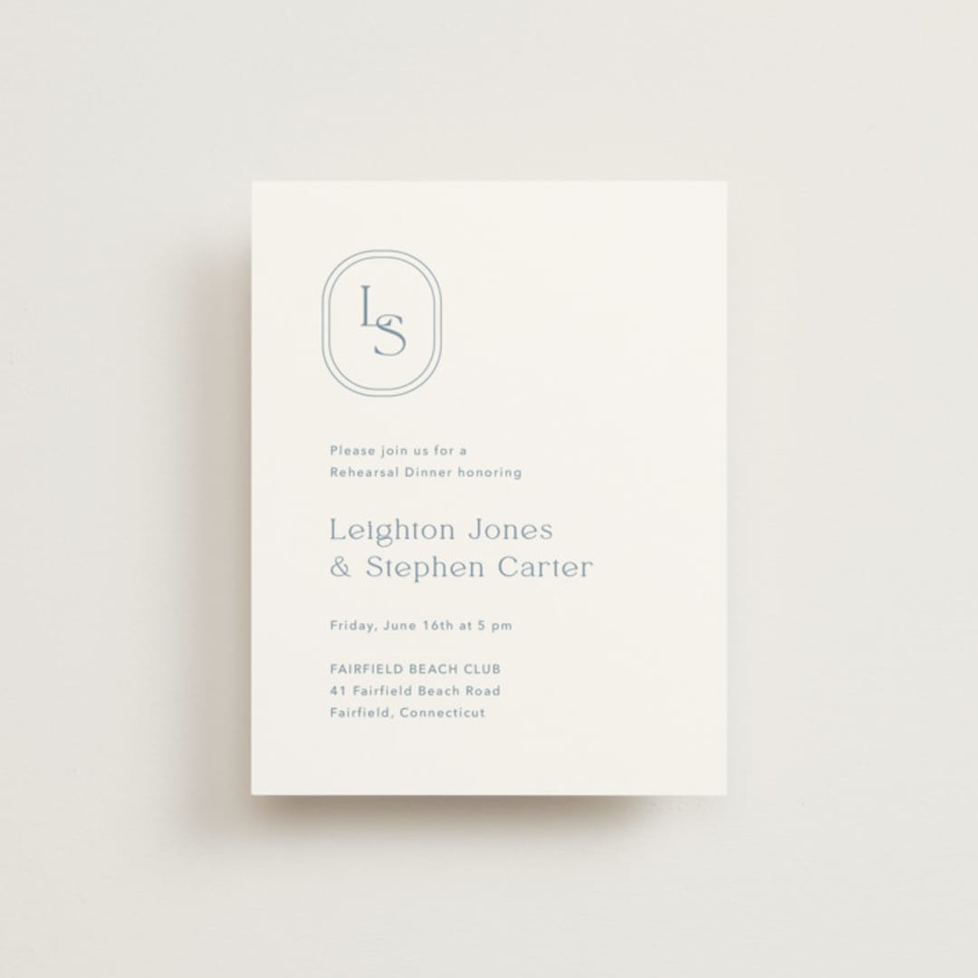 "Leighton" - Rehearsal Dinner Cards in Lakeshore Blue by Jennifer Postorino - Front