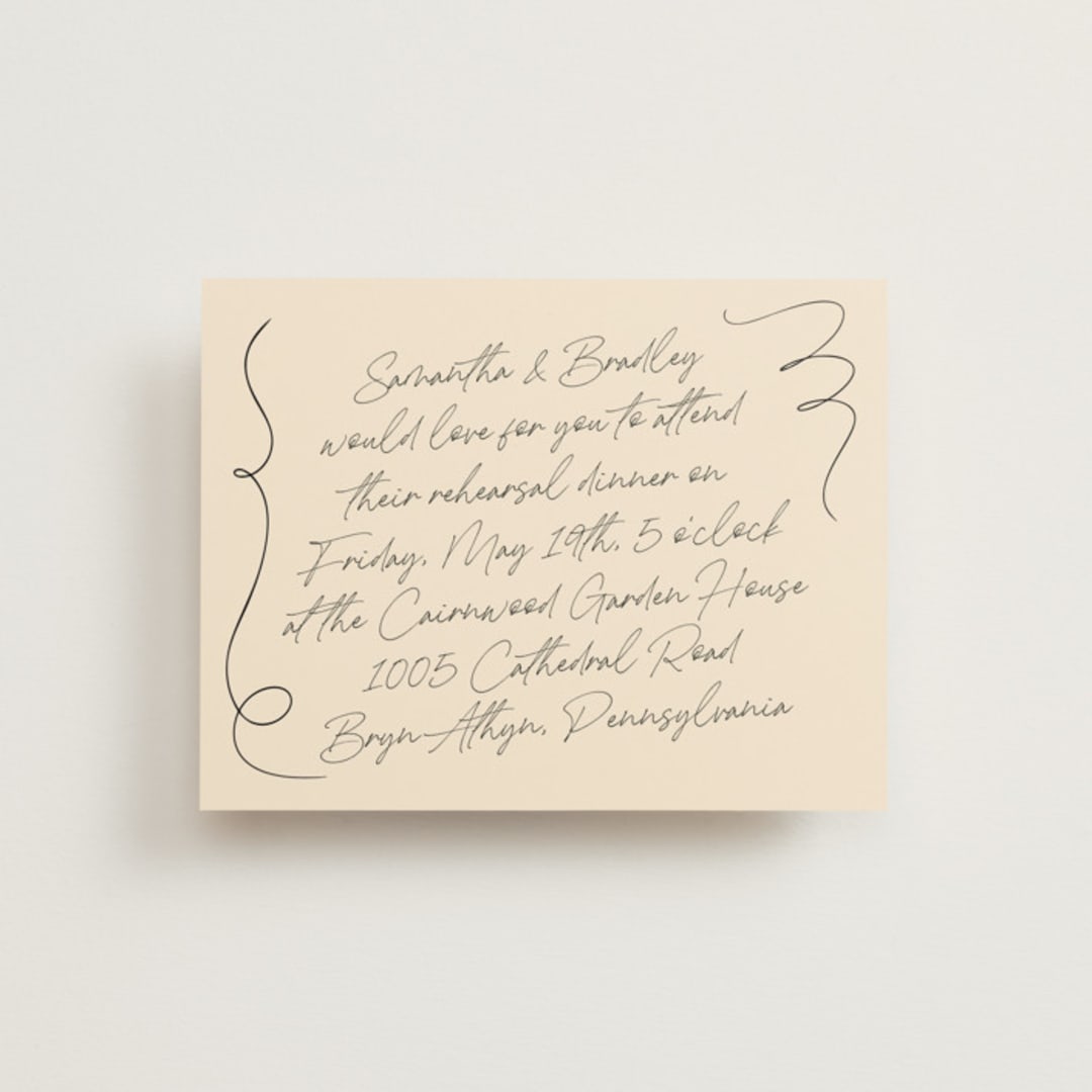 "French Whimsy Script" - Rehearsal Dinner Cards in Champagne by Wallace Design Co. - Front