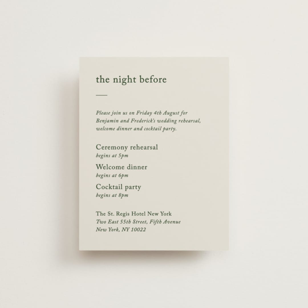 "Editorial" - Rehearsal Dinner Cards in Forest by Bethan - Front
