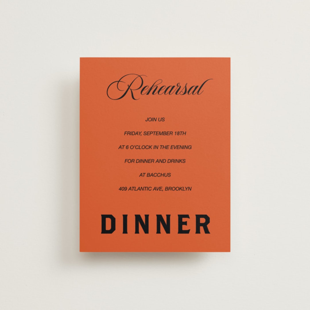 "Bold and Demure" - Rehearsal Dinner Cards in Amaro by Claire - Front