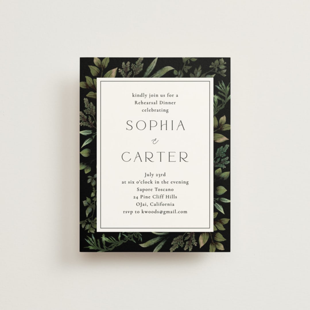 "Botanical Love" - Rehearsal Dinner Cards in Black Tie by Susan Moyal - Front