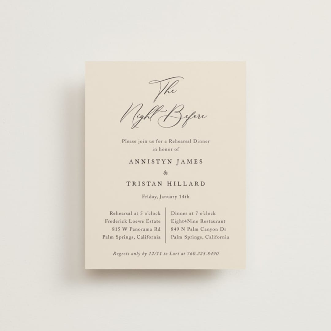 "Love Story" - Rehearsal Dinner Cards in Mocha by Jennifer Postorino - Front