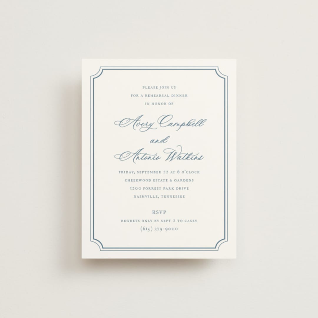 "Avery" - Rehearsal Dinner Cards in Dusty Blue by Jennifer Postorino - Front