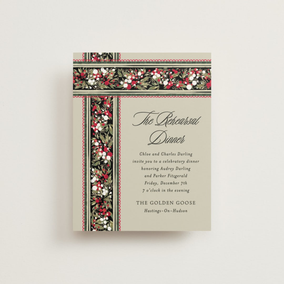 "holiday ribbon" - Rehearsal Dinner Cards in Ruby by Jackie Crawford - Front