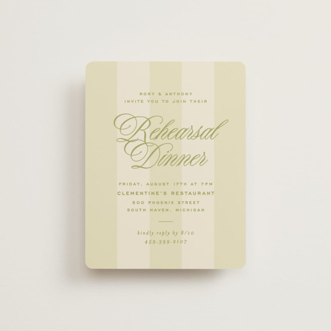"rory" - Rehearsal Dinner Cards in Olive by Ellen Schlegelmilch - Front
