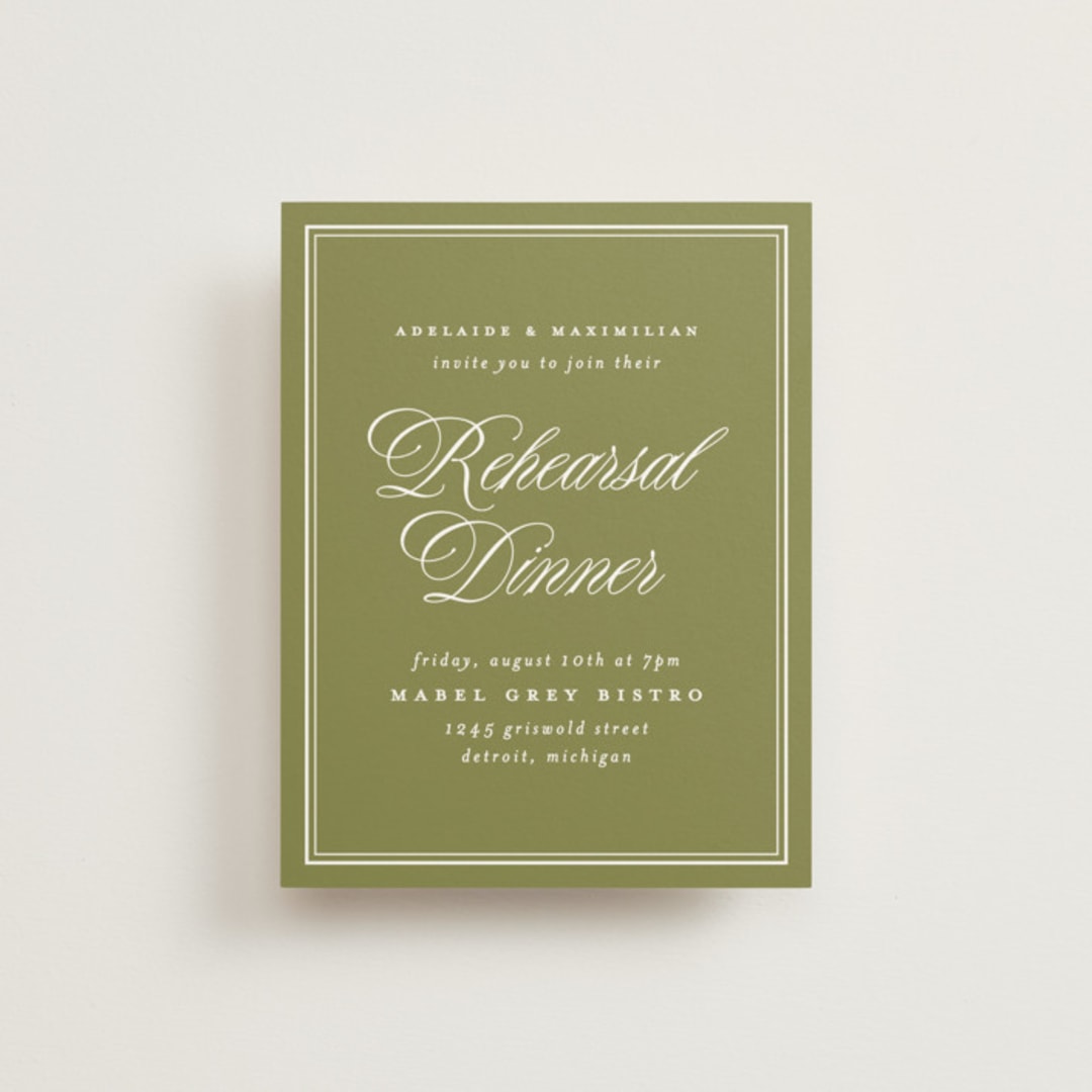 "museo" - Rehearsal Dinner Cards in Olive by Ellen Schlegelmilch - Front
