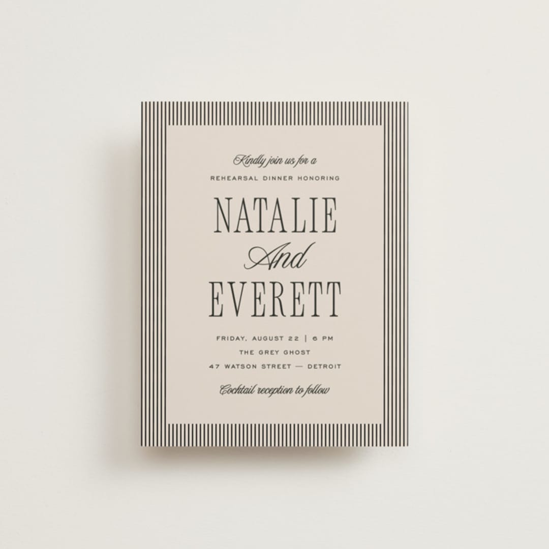 "Linea" - Rehearsal Dinner Cards in Noir by Pixel and Hank - Front