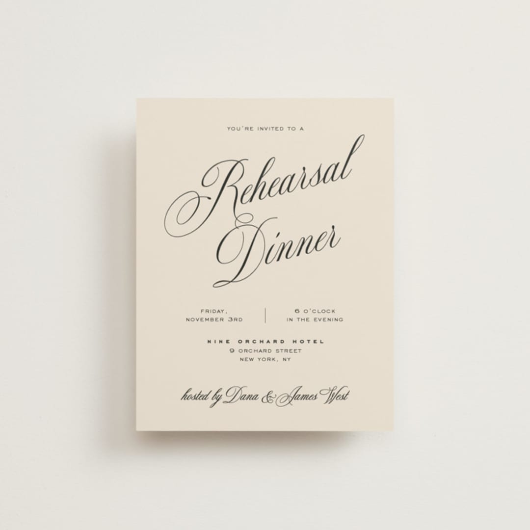 "Modern Romance" - Rehearsal Dinner Cards in Almond by Eric Clegg - Front