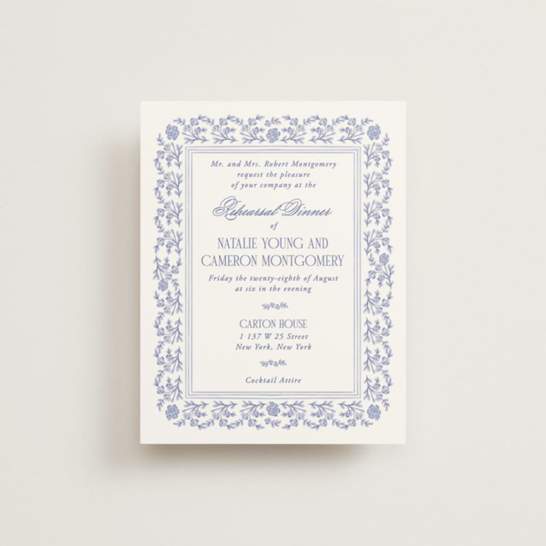 "Embroidered" - Rehearsal Dinner Cards in Cerulean by Jenna Holcomb - Front