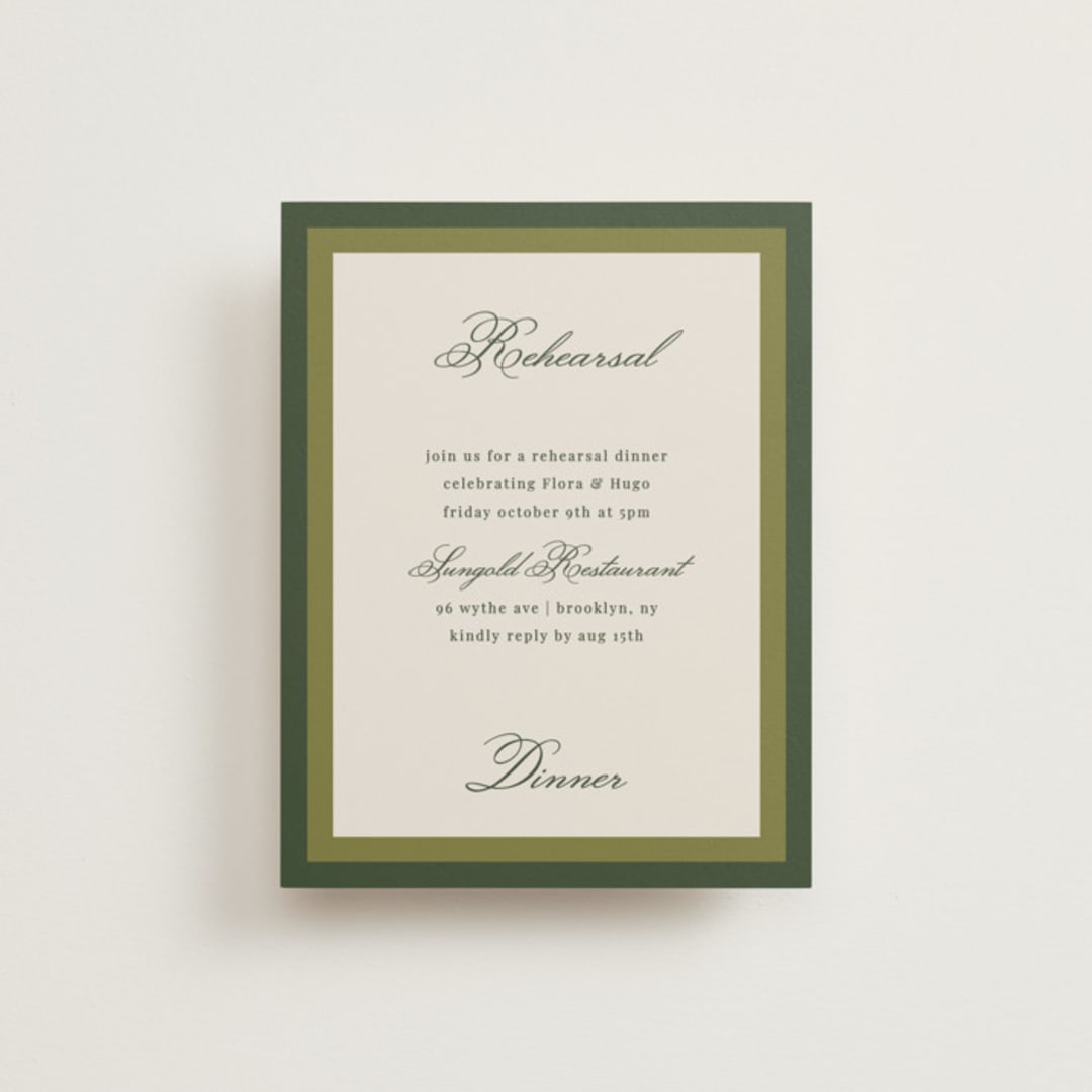 "Emerson" - Rehearsal Dinner Cards in Evergreen by Kelly Watkins - Front