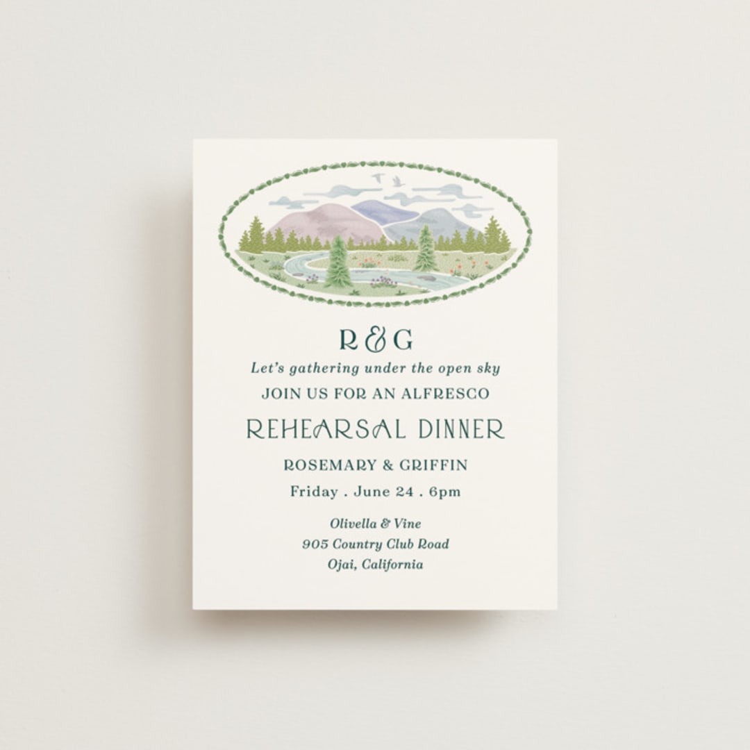 "River Valley" - Rehearsal Dinner Cards in Pine by Paper Sun Studio - Front