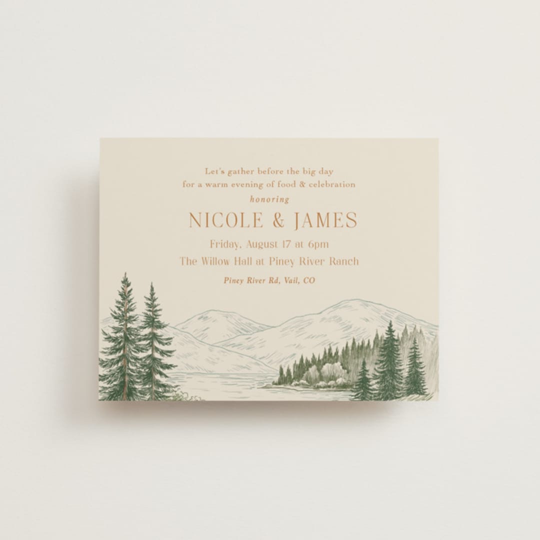 "Whispering Pines" - Rehearsal Dinner Cards in Forest by Elly - Front