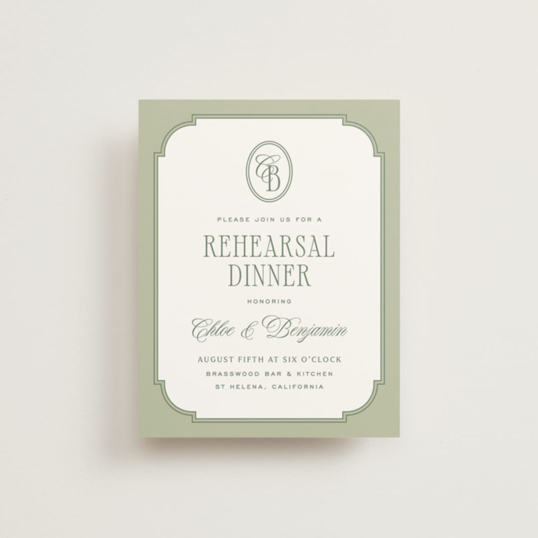 "Woods" - Rehearsal Dinner Cards in Moss by Kelly Schmidt - Front