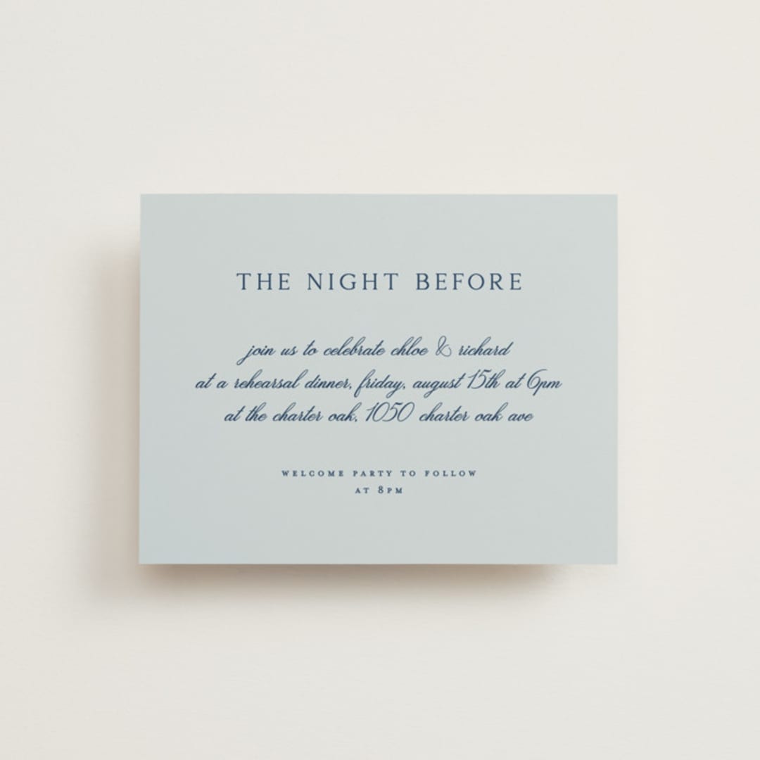 "Landscape Script" - Rehearsal Dinner Cards in Sky by Kelly Schmidt - Front