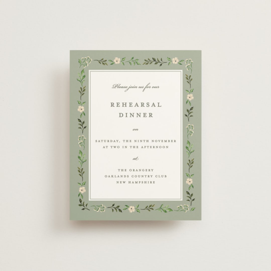 "Greenery crest" - Rehearsal Dinner Cards in Sage by Sarah Knight - Front