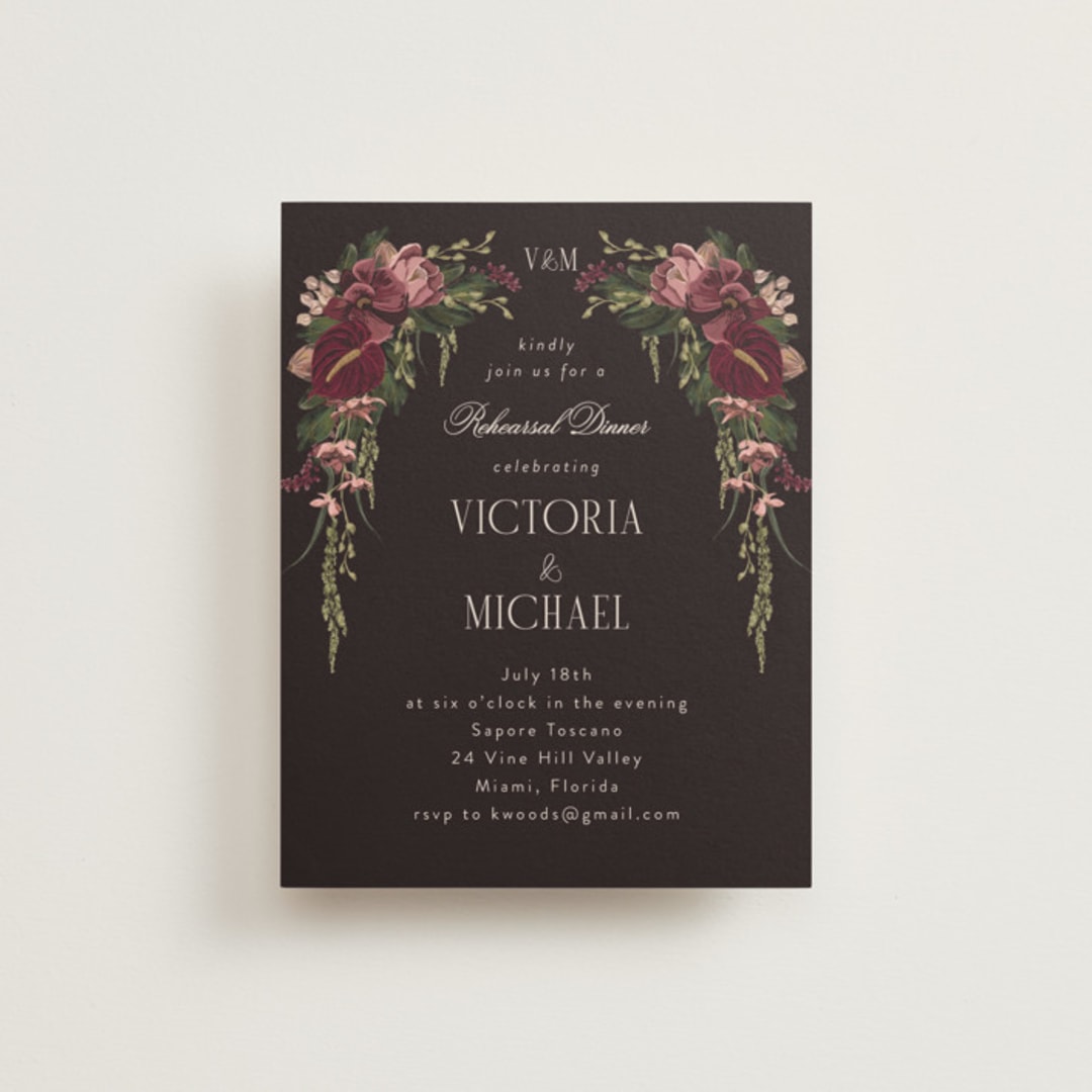 "Romantics" - Rehearsal Dinner Cards in Merlota by Susan Moyal - Front