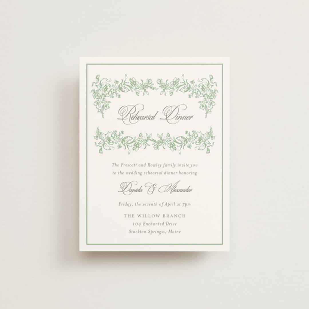 "Romantic Garden" - Rehearsal Dinner Cards in Mint by Melinda Denison - Front