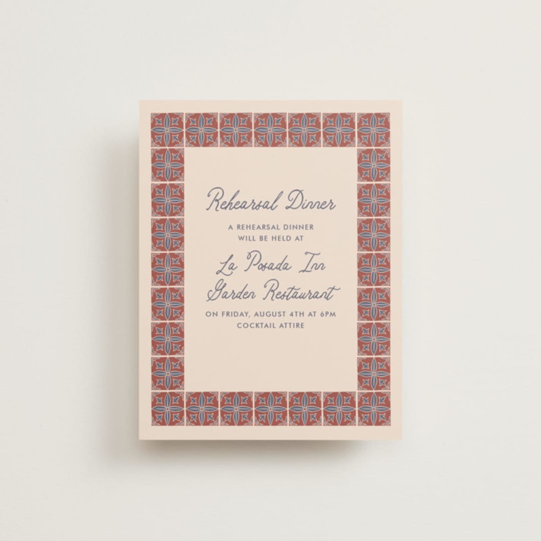 "Block Print Tile" - Rehearsal Dinner Cards in Terracotta by Katharine Watson - Front