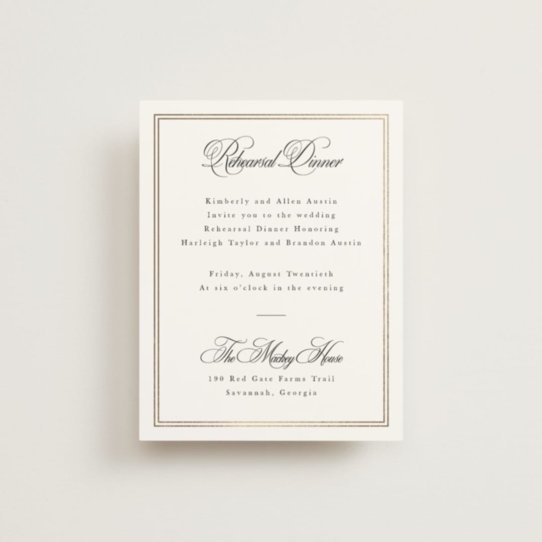 "Traditionalist" - Foil-Pressed Rehearsal Dinner Cards in Snow by Sarah Brown - Front