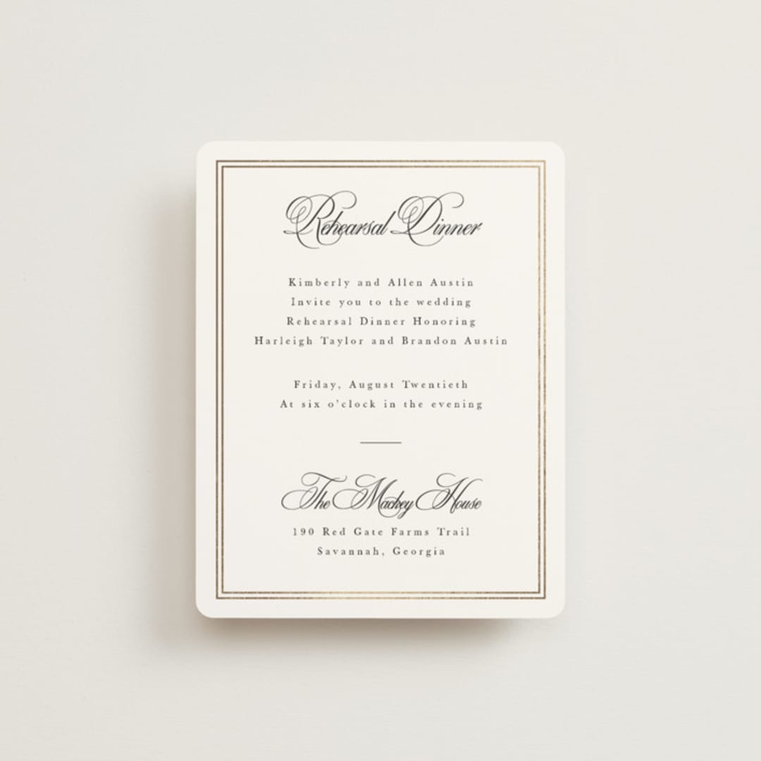 "Traditionalist" - Foil-Pressed Rehearsal Dinner Cards in Snow by Sarah Brown - Front