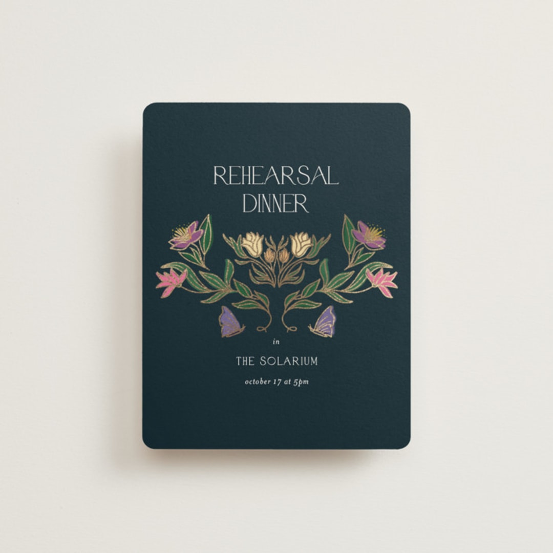 "Gilded Tapestry" - Foil-Pressed Rehearsal Dinner Cards in Midnight Garden by Simona Camp - Front