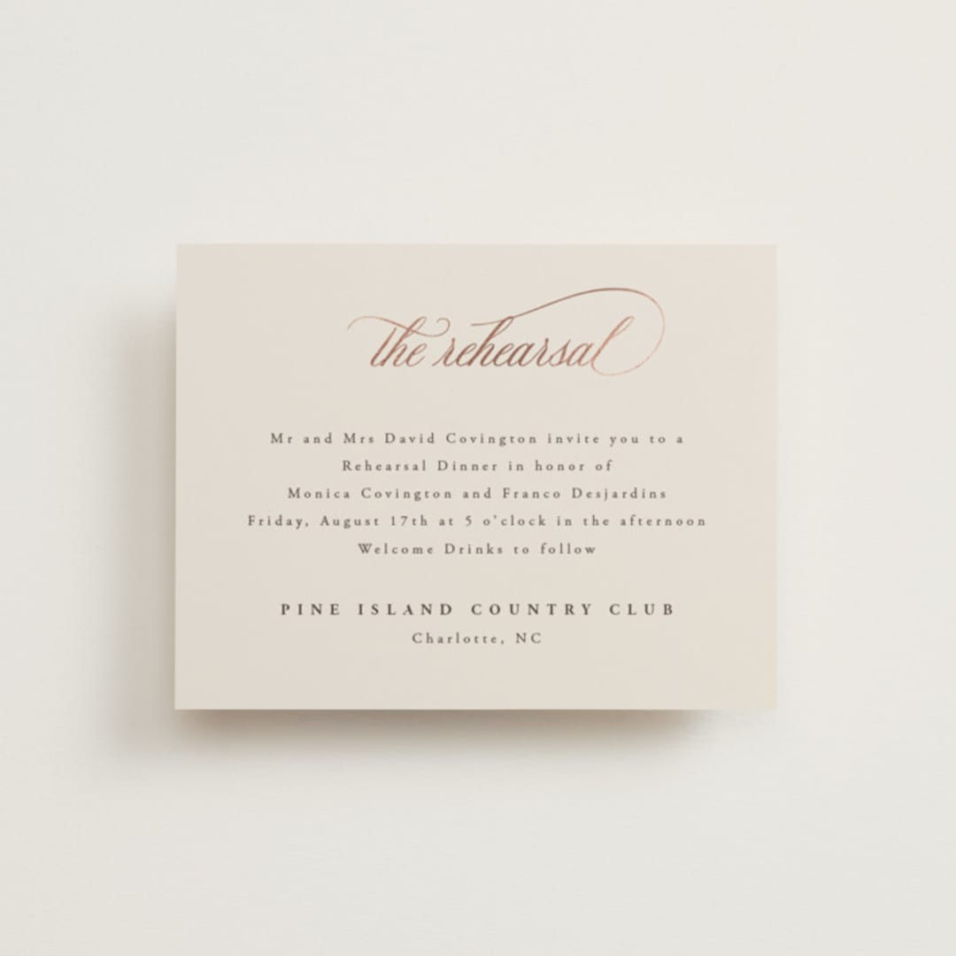 "And Centered" - Foil-Pressed Rehearsal Dinner Cards in Cream by Hooray Creative - Front