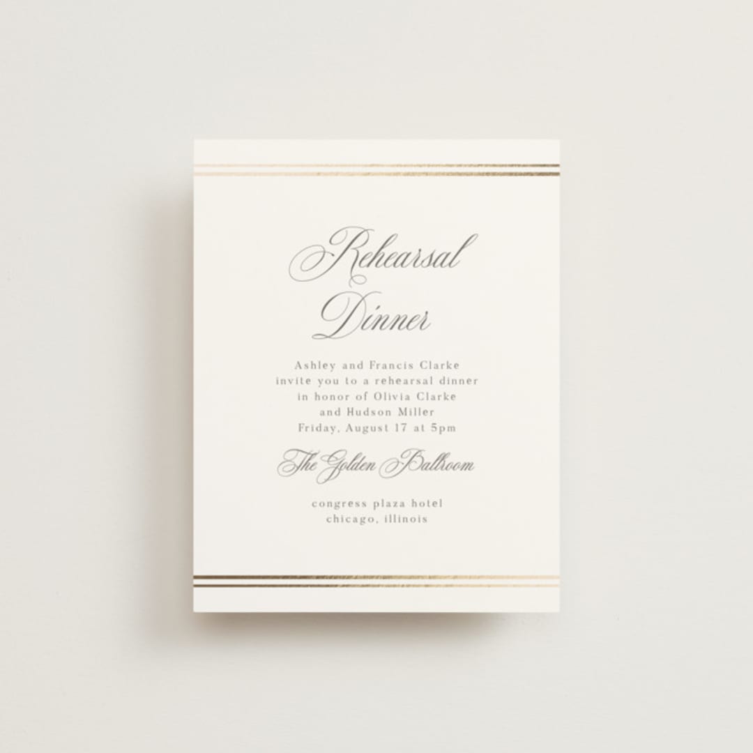 "Classic Elegance" - Foil-Pressed Rehearsal Dinner Cards in Pearl by Nicole Walsh - Front