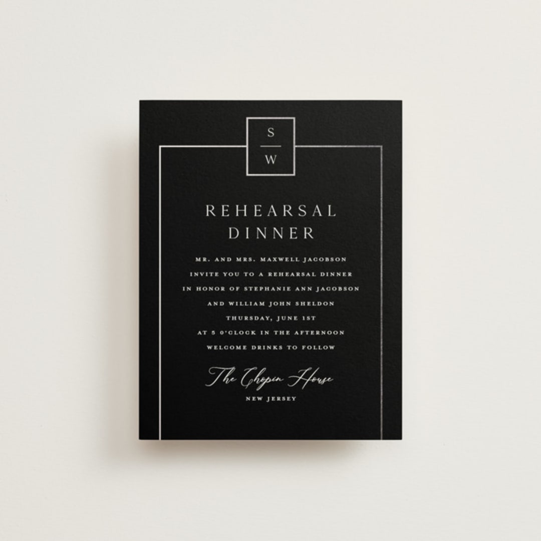 "Elegant Station" - Foil-Pressed Rehearsal Dinner Cards in Noir by Stacey Meacham - Front