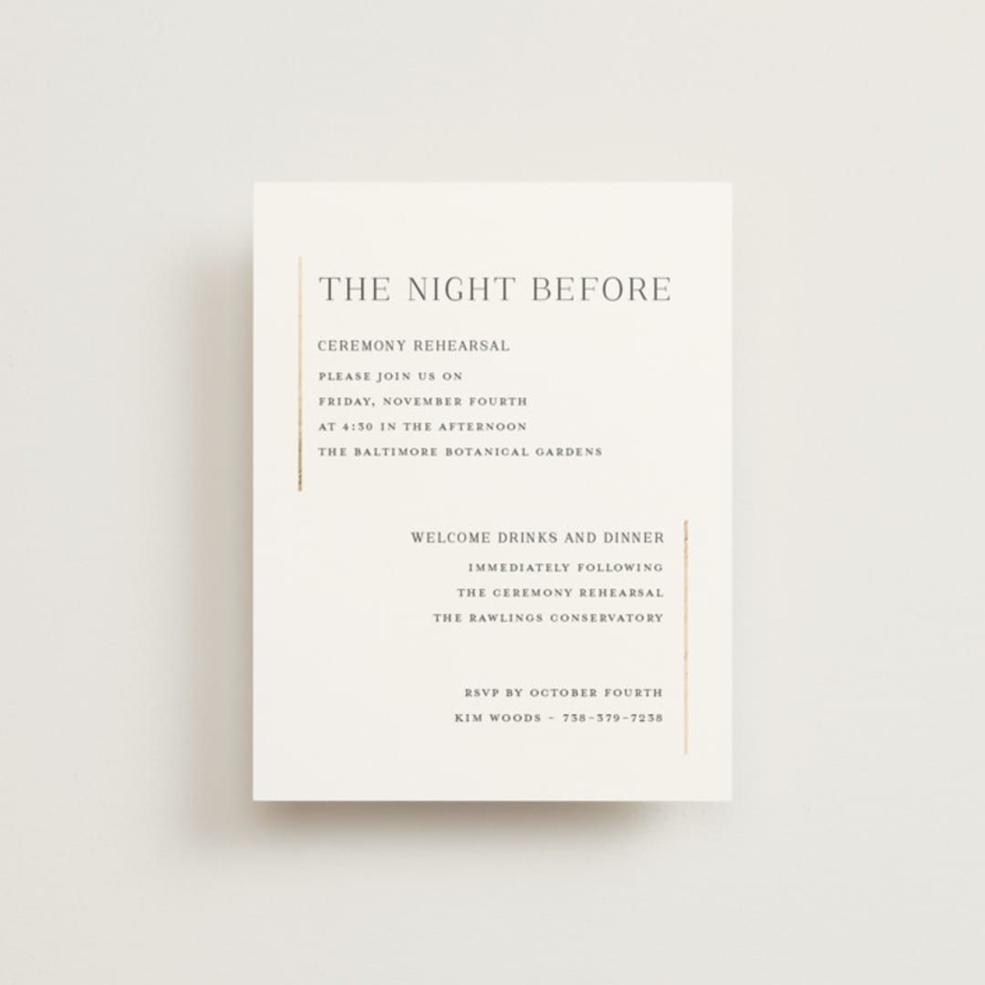 "Elegant Flourish" - Foil-Pressed Rehearsal Dinner Cards in Sugar by Jessica Williams - Front