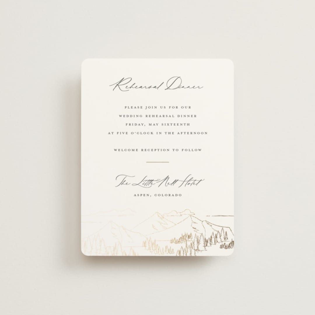 "Peaks" - Foil-Pressed Rehearsal Dinner Cards in Hunter by Sarah Brown - Front
