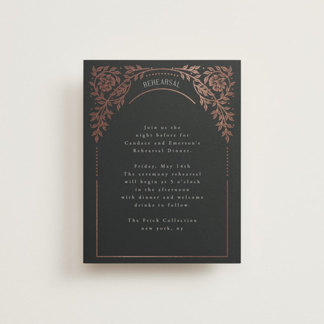 "Gilded nouveau frame" - Foil-Pressed Rehearsal Dinner Cards in Onyx by Ana de Sousa - Front