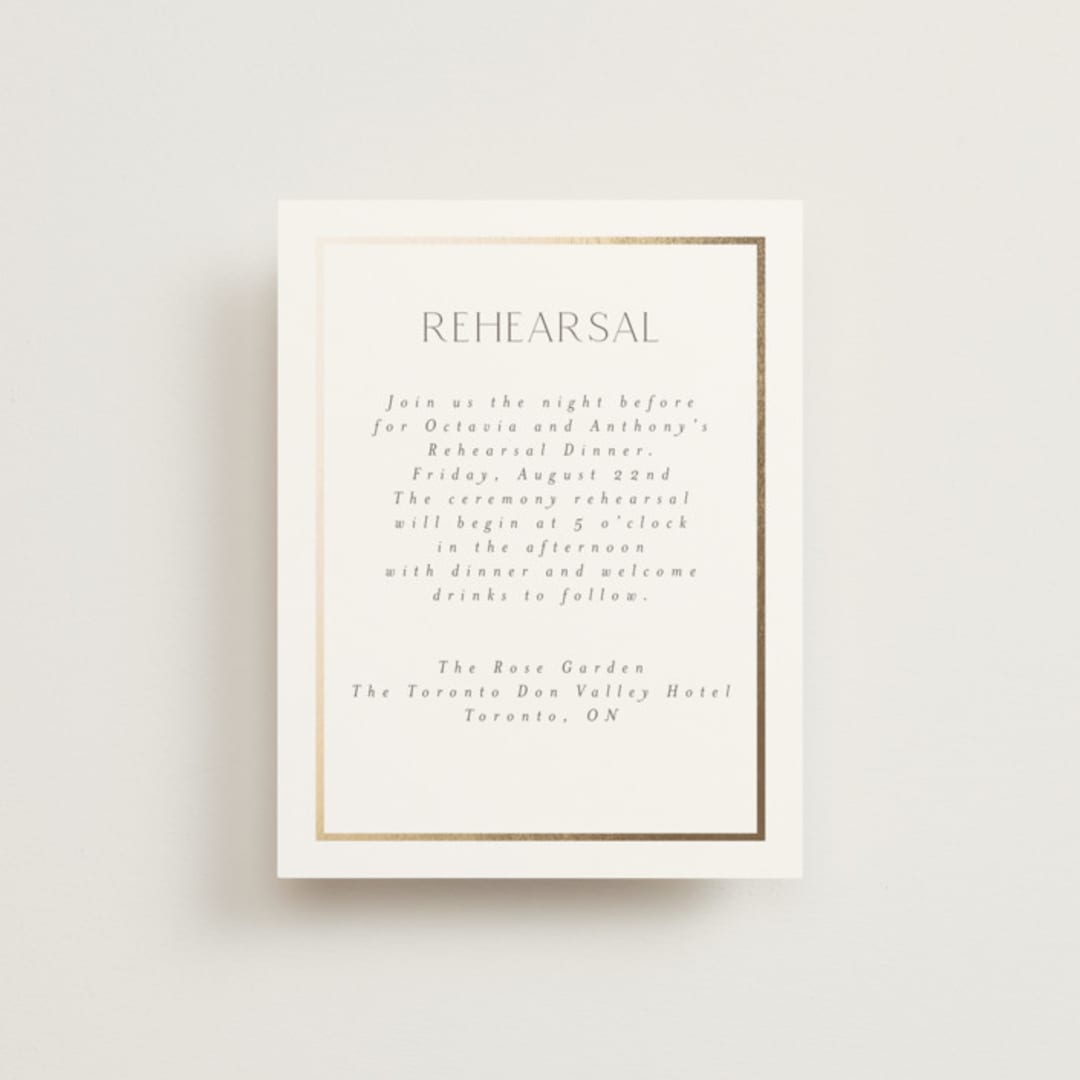 "Regal" - Foil-Pressed Rehearsal Dinner Cards in Porcelain by Nicole Walsh - Front