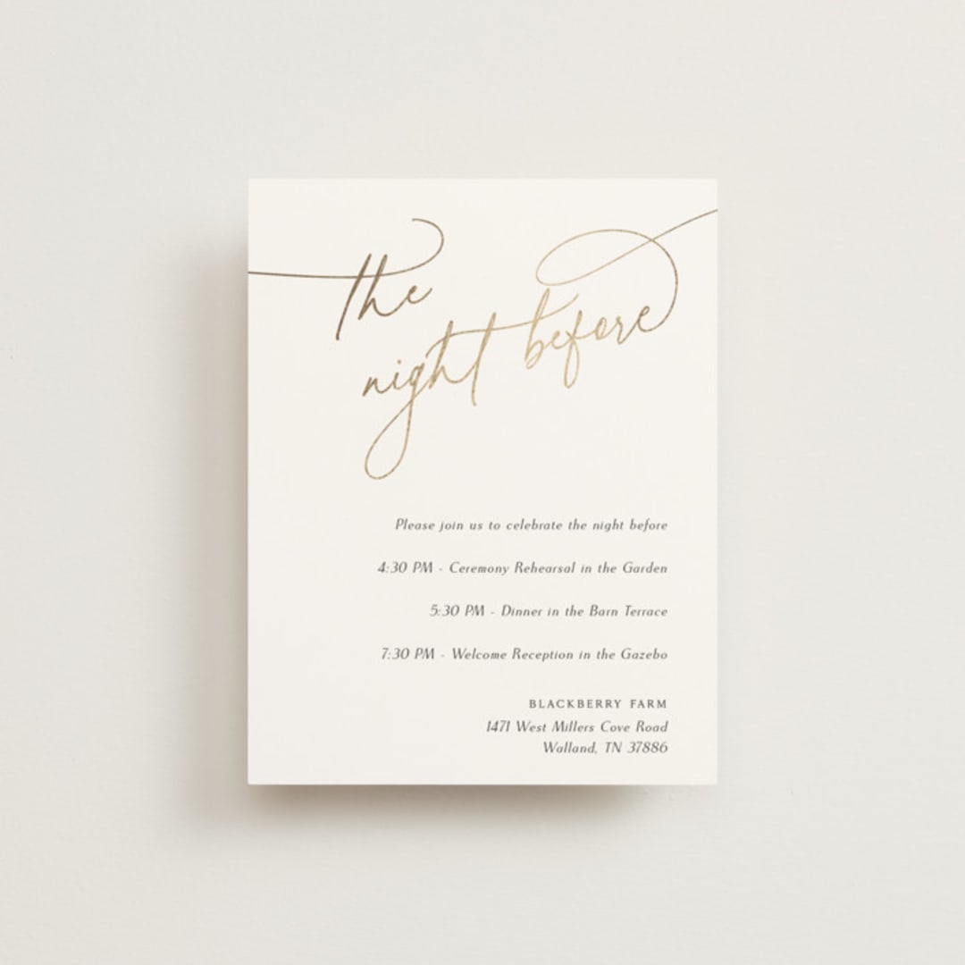 "The Wedding" - Foil-Pressed Rehearsal Dinner Cards in Marshmallow by Kaydi Bishop - Front