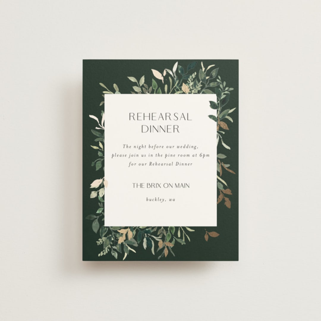 "Garden Serenity" - Foil-Pressed Rehearsal Dinner Cards in Greenery by Itsy Belle Studio - Front