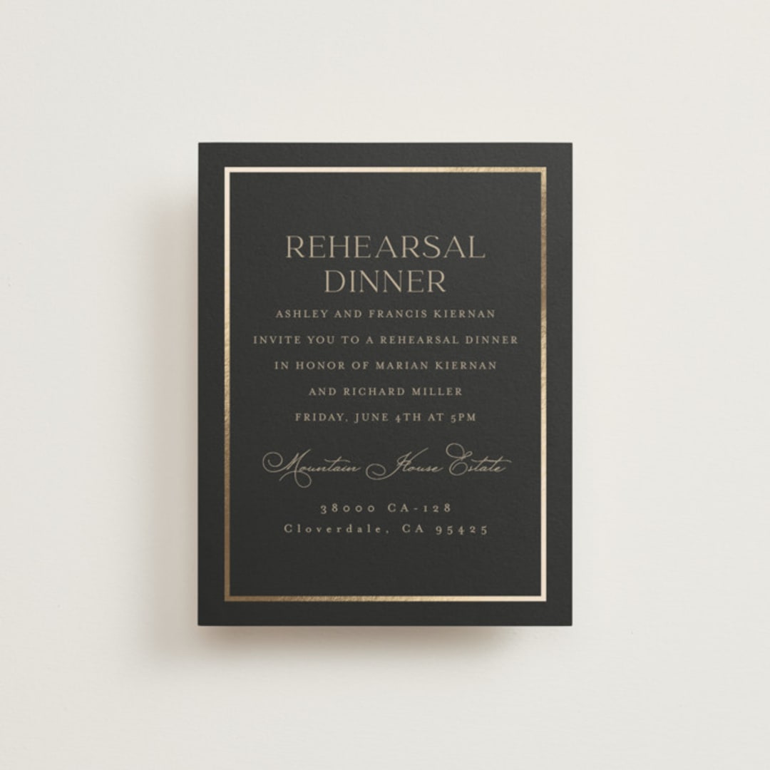 "Timeless Charm" - Foil-Pressed Rehearsal Dinner Cards in Charcoal by Lucrecia Caporale - Front
