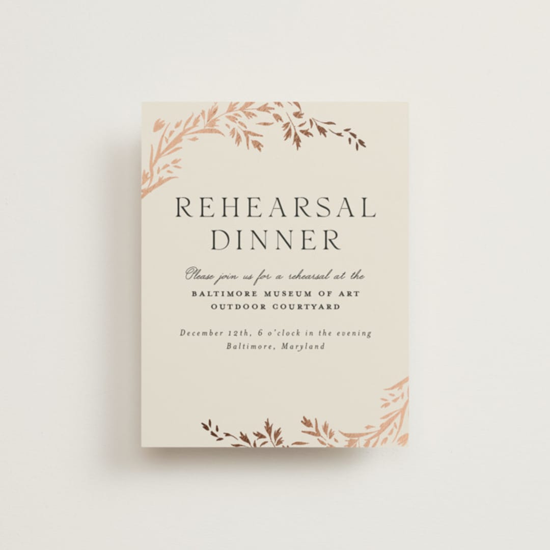 "Trailing Vines" - Foil-Pressed Rehearsal Dinner Cards in Almond by Erin L. Wilson - Front