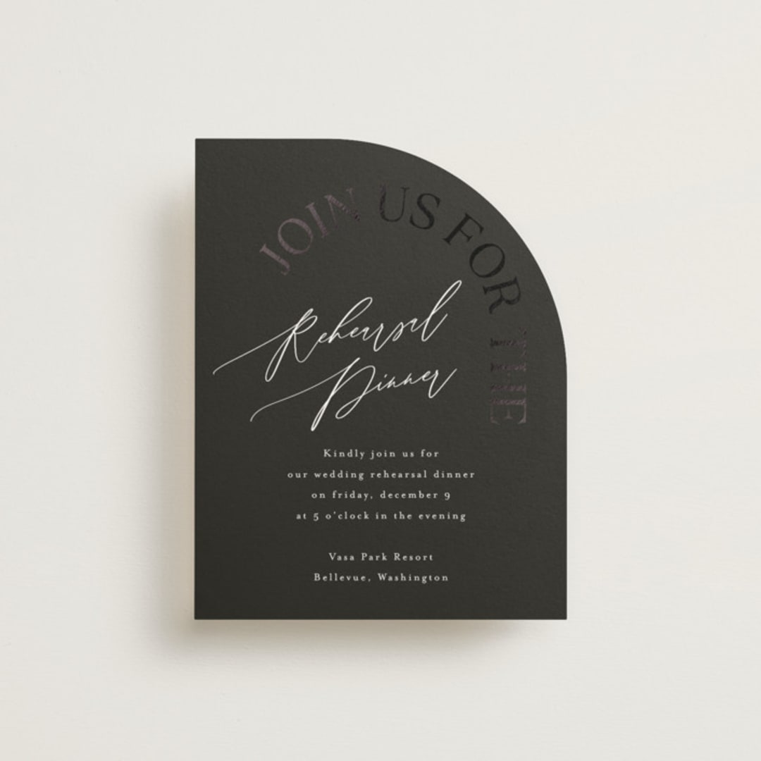"The Arc" - Foil-Pressed Rehearsal Dinner Cards in Truffle by Vera Lim - Front