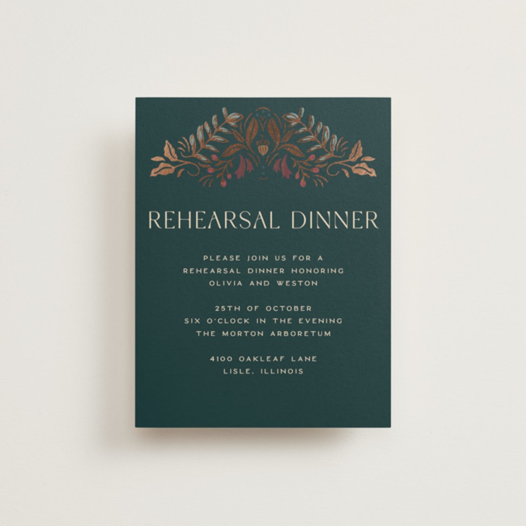 "Autumnal Arch" - Foil-Pressed Rehearsal Dinner Cards in Deep Sea by Erin German - Front