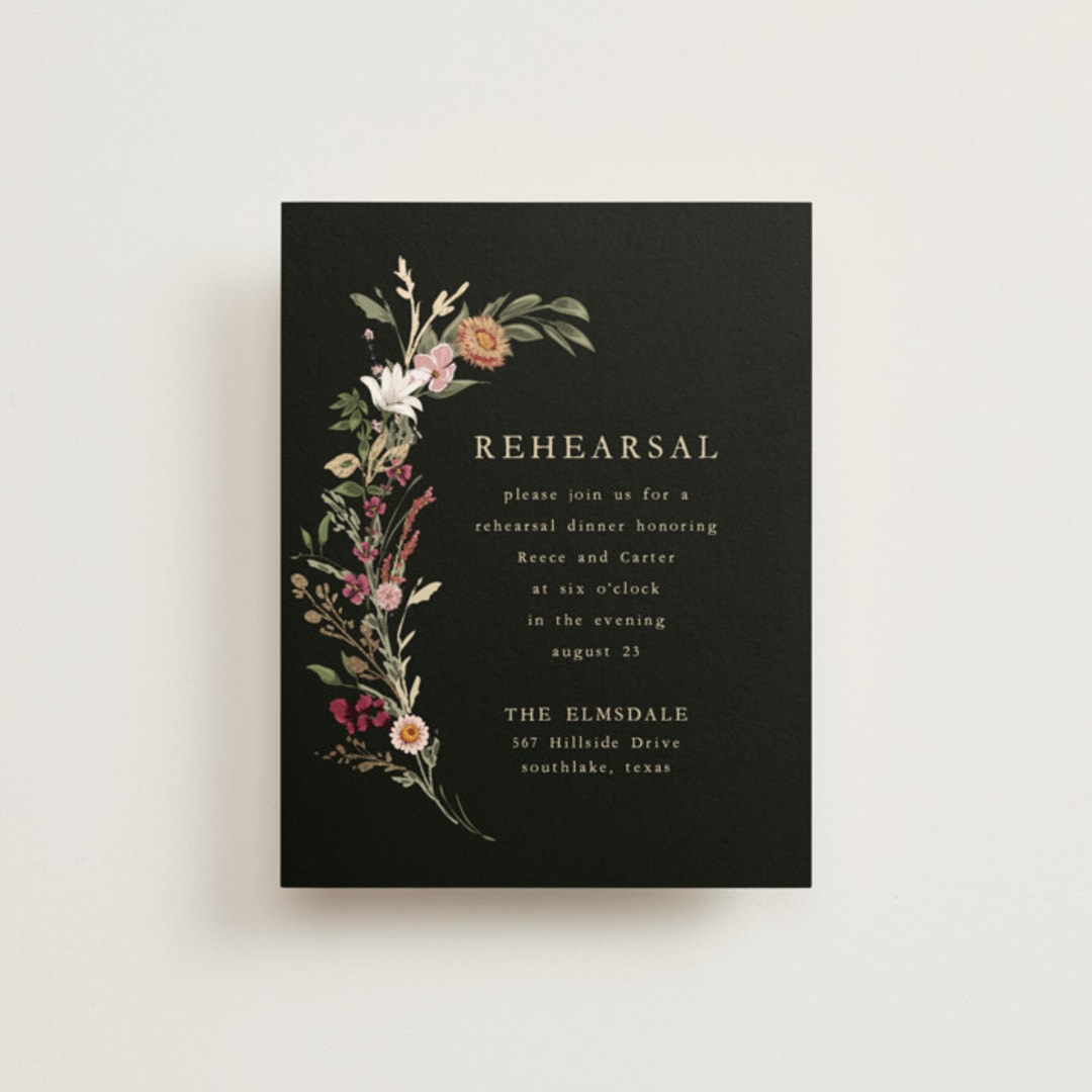 "Monogrammed Floral" - Foil-Pressed Rehearsal Dinner Cards in Midnight by Susan Moyal - Front