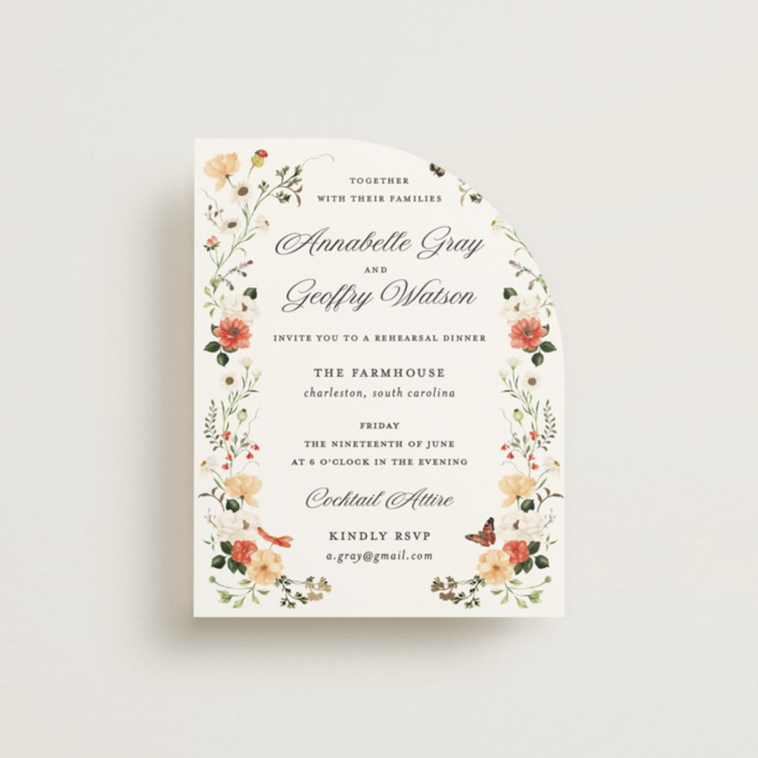 "Fleur" - Foil-Pressed Rehearsal Dinner Cards in Verona Sunset by Sarah Knight - Front