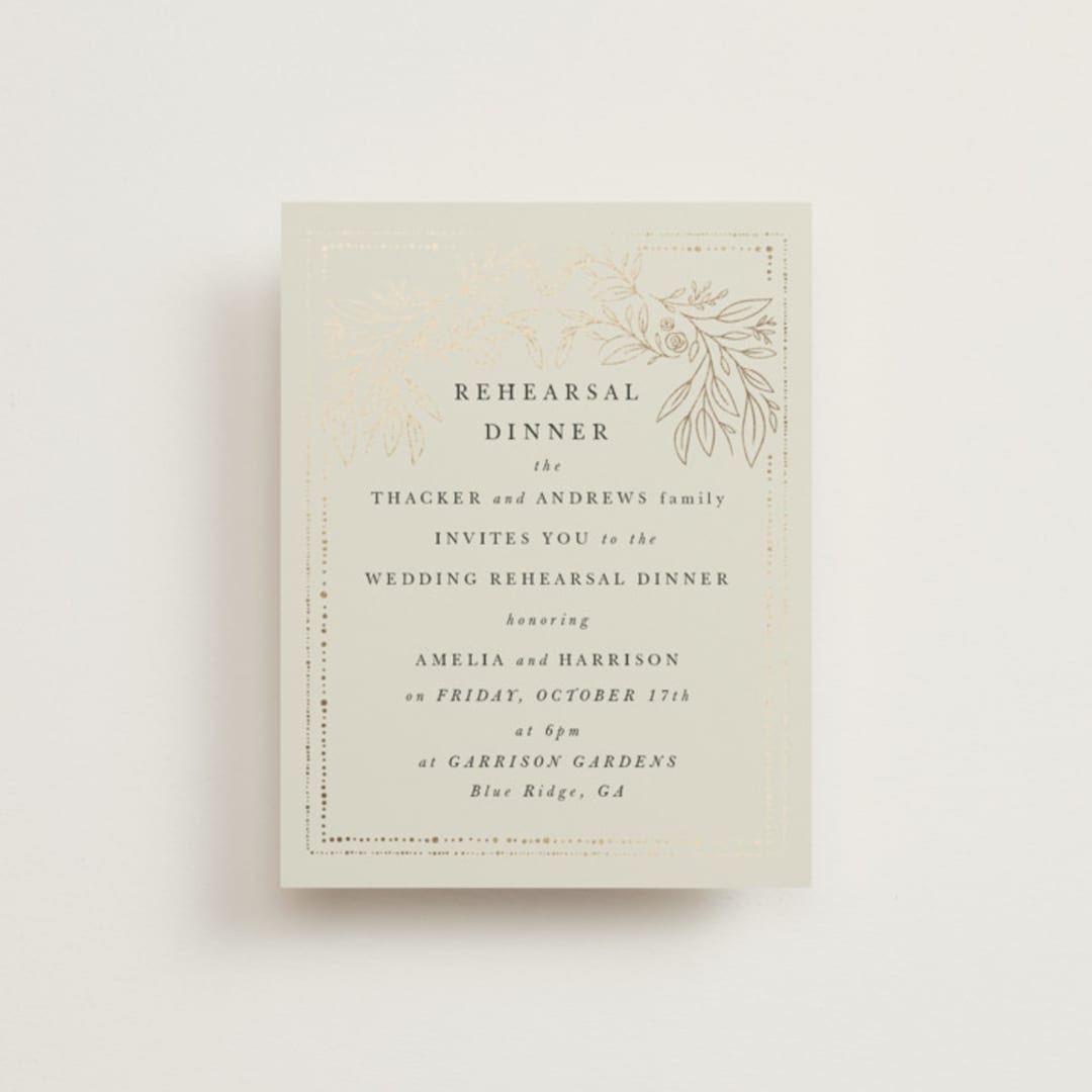 "Foil Botanical Frame" - Foil-Pressed Rehearsal Dinner Cards in Taupe by Hannah Williams - Front