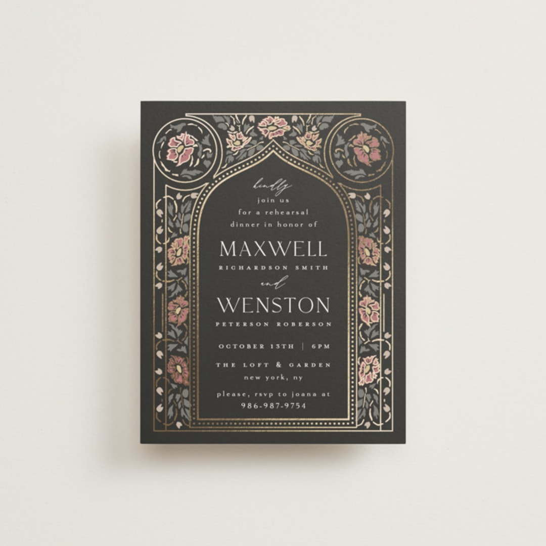"Timeless Nature" - Foil-Pressed Rehearsal Dinner Cards in Ebony by Ana de Sousa - Front