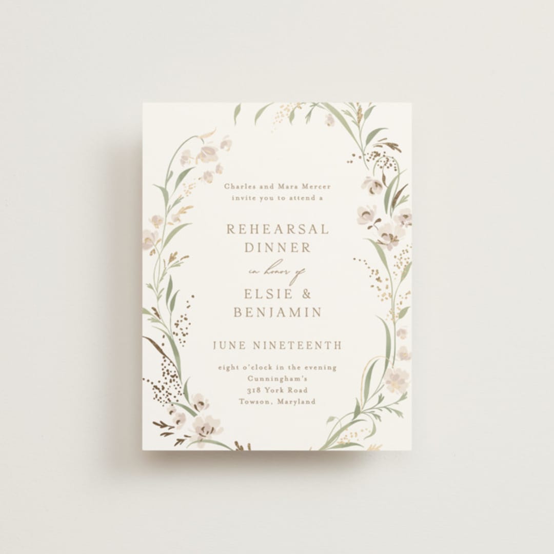 "Meadow" - Foil-Pressed Rehearsal Dinner Cards in Spring Mist by Erin L. Wilson - Front