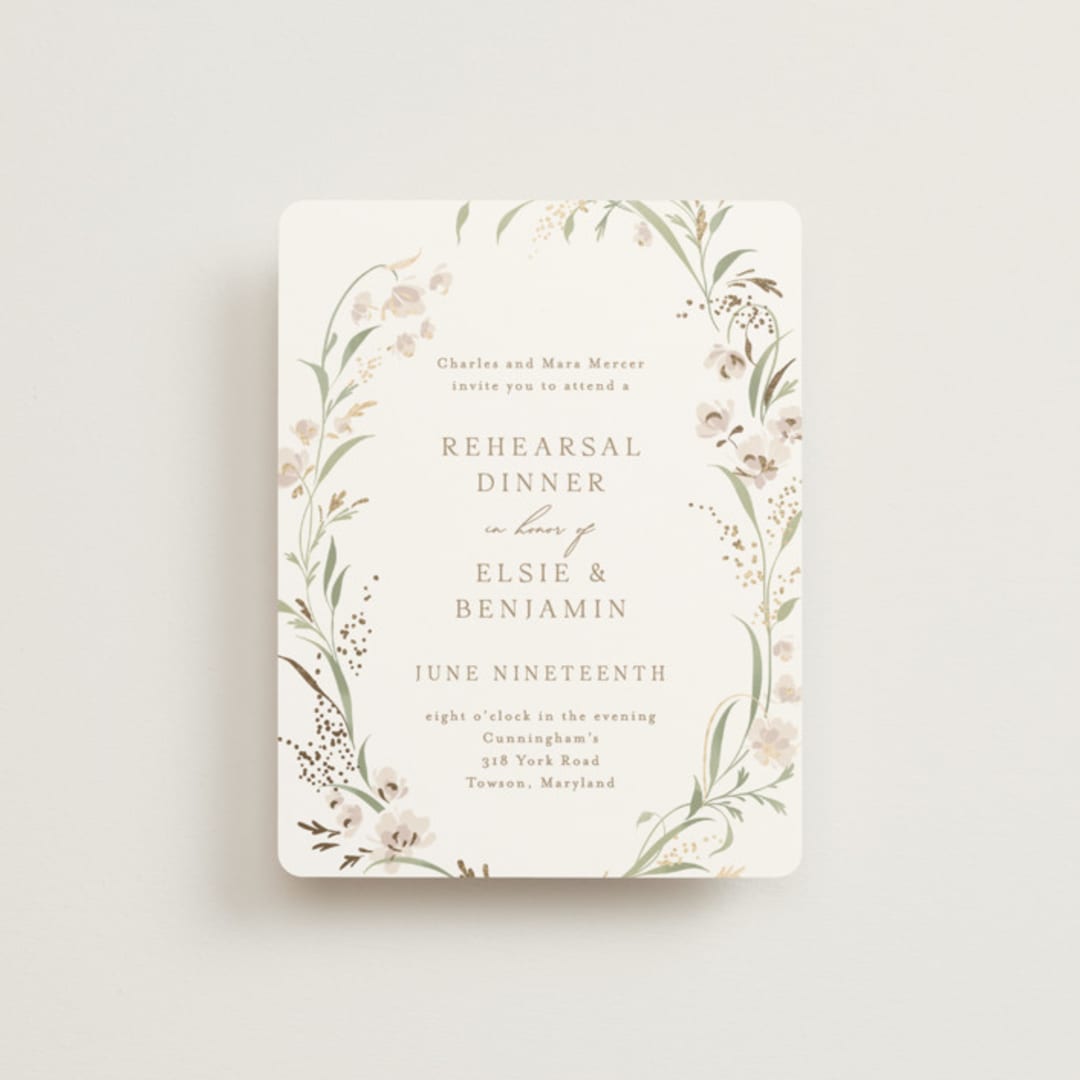 "Meadow" - Foil-Pressed Rehearsal Dinner Cards in Spring Mist by Erin L. Wilson - Front