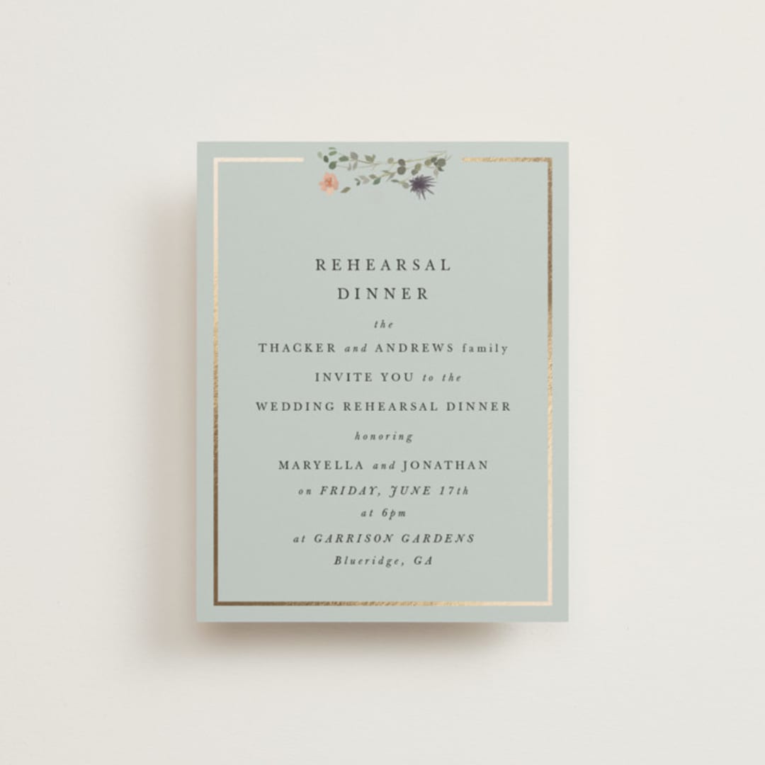 "Blue Garden" - Foil-Pressed Rehearsal Dinner Cards in Mist by Hannah Williams - Front