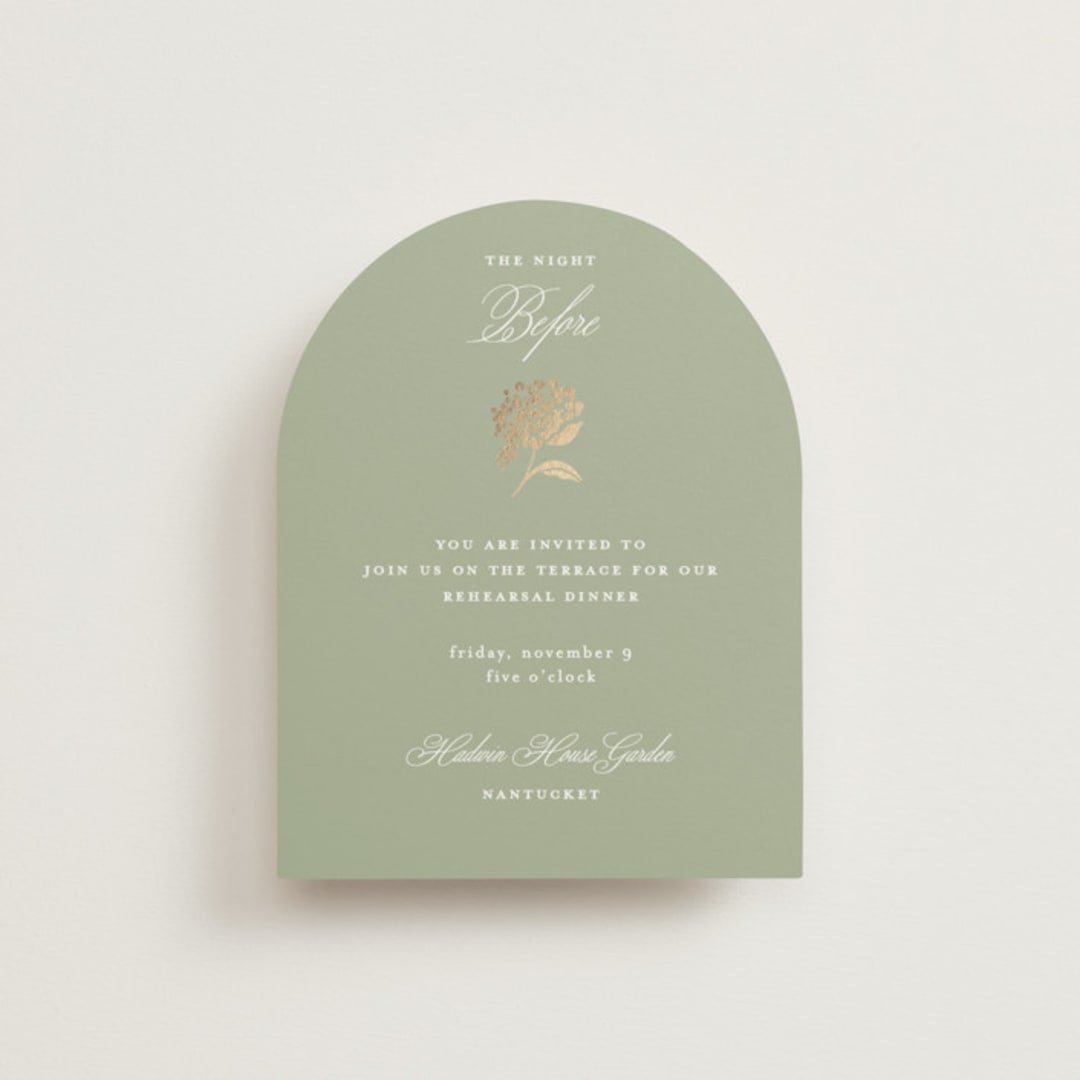 "Shimmering Hydrangeas" - Foil-Pressed Rehearsal Dinner Cards in Tea Time by Susan Zinader - Front