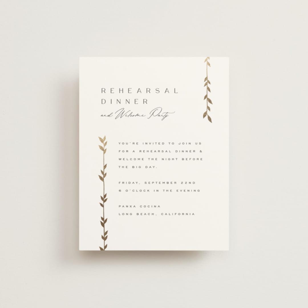 "Courtyard" - Foil-Pressed Rehearsal Dinner Cards in Lily by Owl and Toad - Front